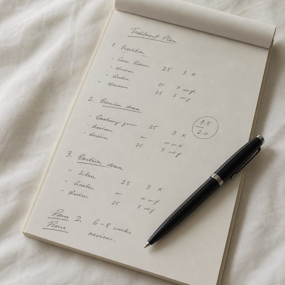 A handwritten treatment plan on a notepad with a pen resting on it