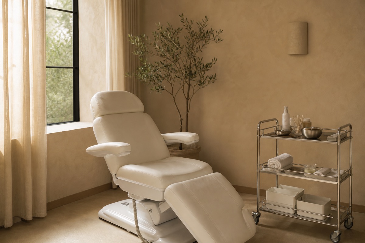 A calm treatment room with a chair, a small cart and a window with linen curtains